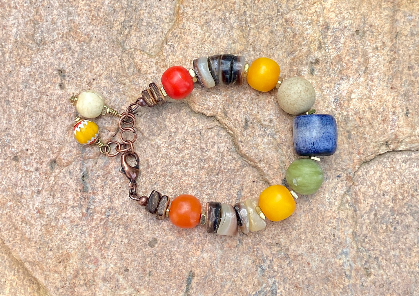 Boho Beaded Bracelet — Natural Shell, Colorful Agate, Kenyan Resin & Blue Bone Beads