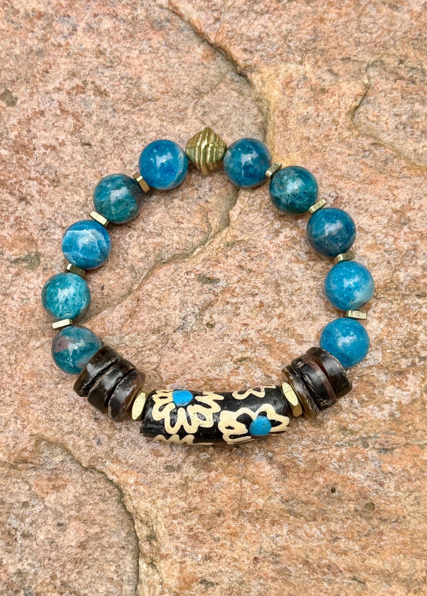 Apatite Gemstone and Painted Krobo Bracelet
