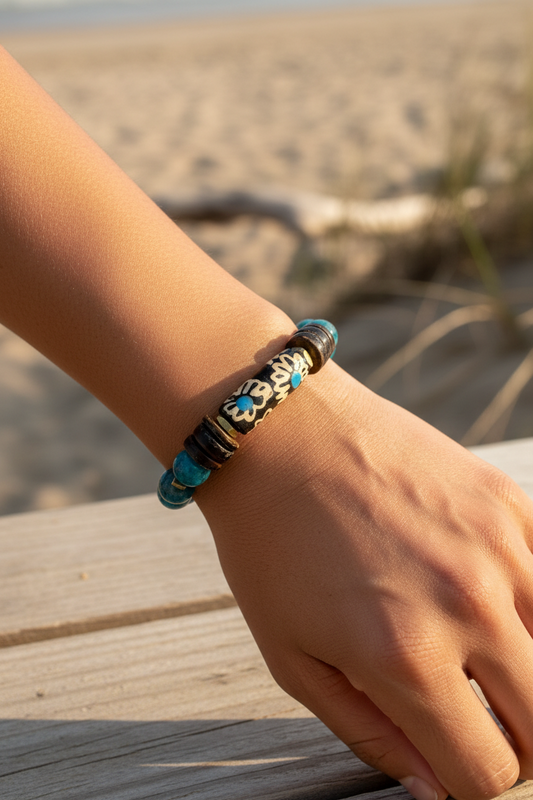 Apatite Gemstone and Painted Krobo Bracelet