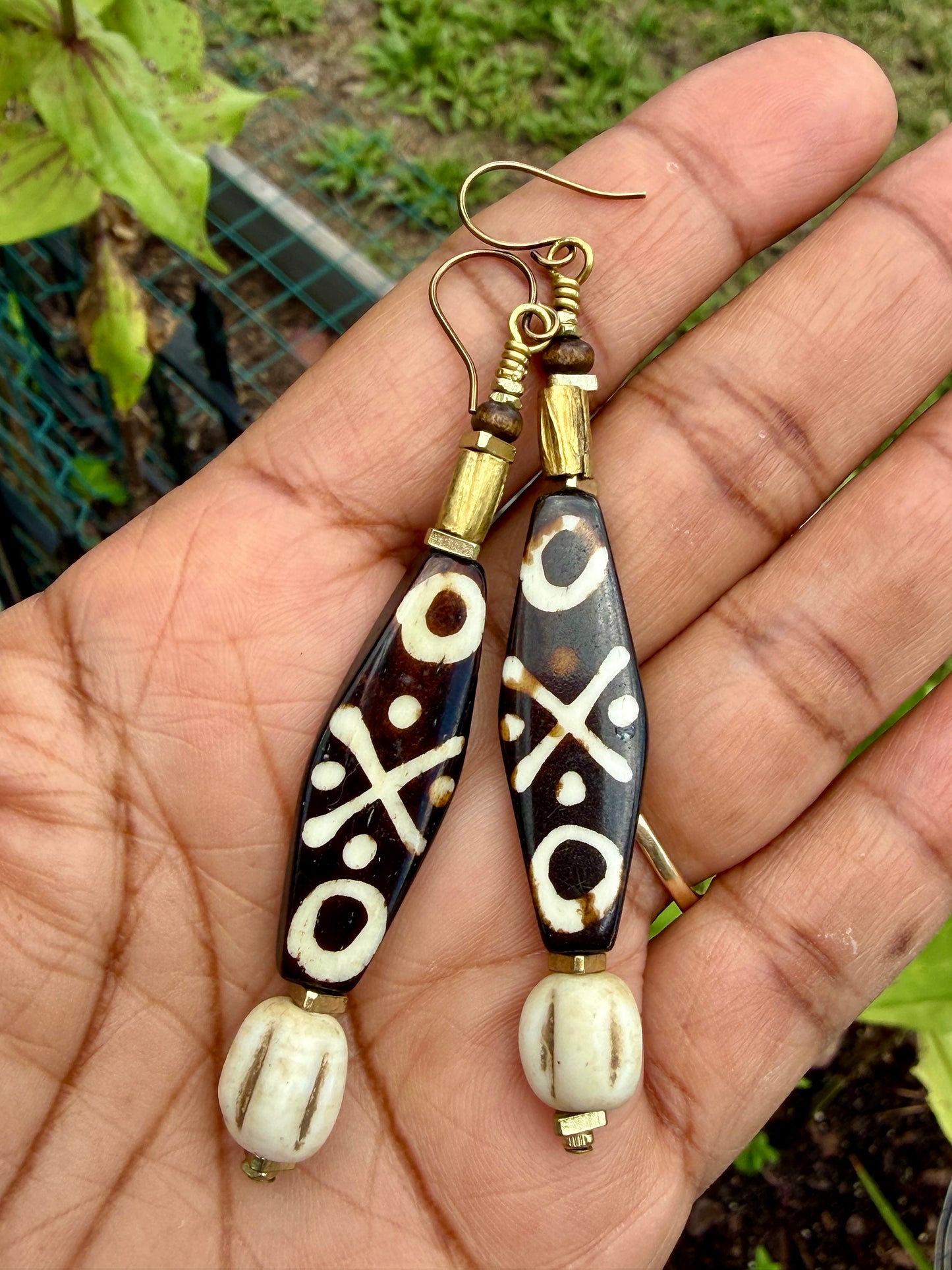 Bold Batik Bone Earrings • Tribal Inspired Mudbone Beads • Rustic Boho Dangles • Earthy Statement Earrings