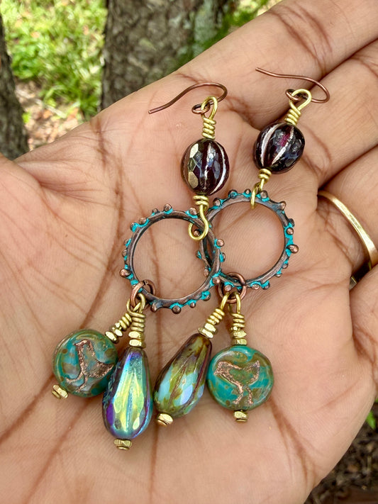 Picasso Czech Glass Faceted Melon Drop Earrings