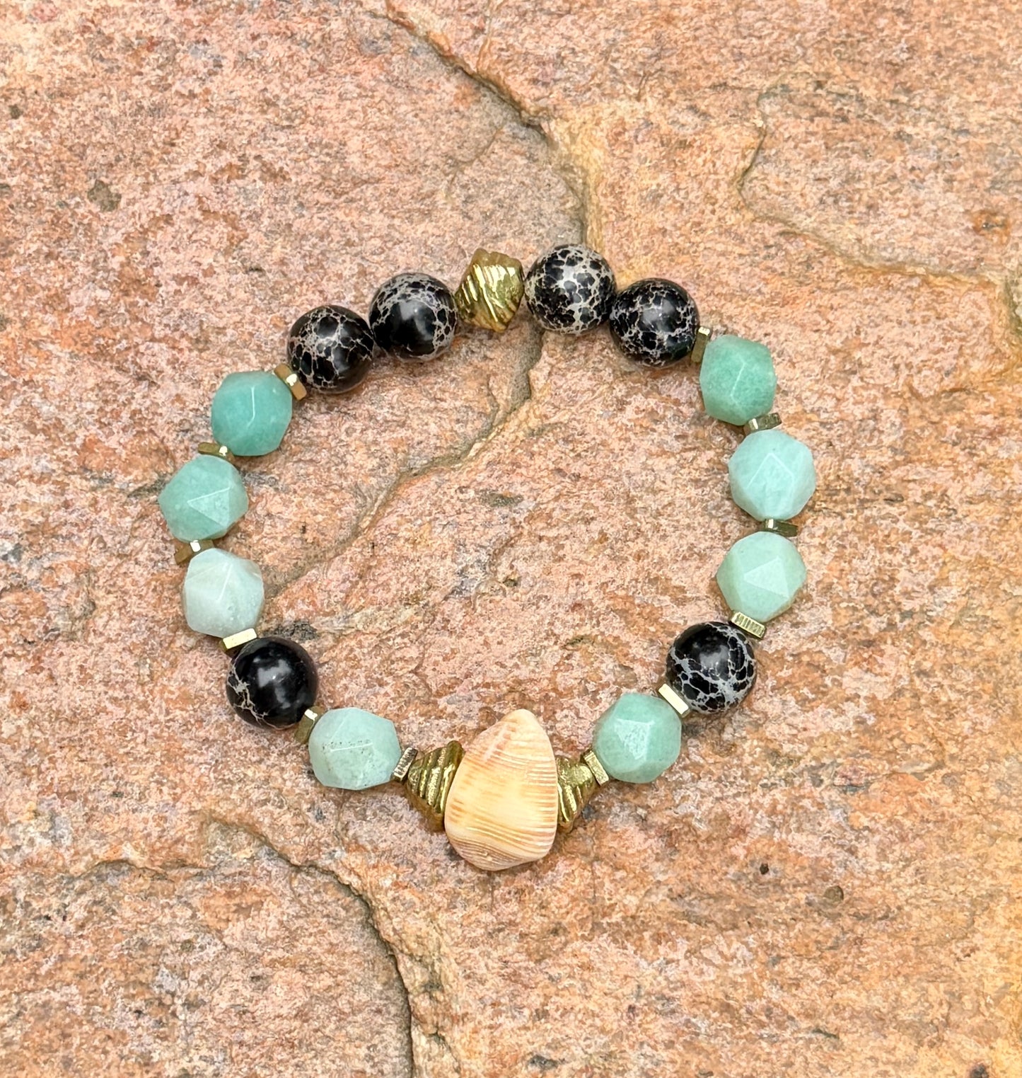 Faceted Amazonite Gemstones and Black Sediment Jasper & Natural Shell Bracelet