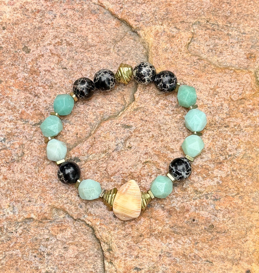 Faceted Amazonite Gemstones and Black Sediment Jasper & Natural Shell Bracelet