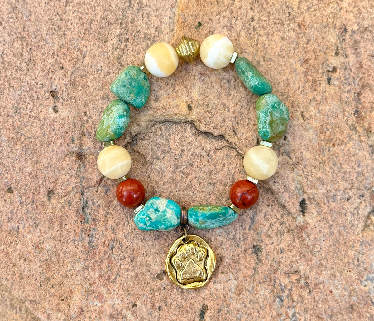 Gold Dog Paw Charm Bracelet • Turquoise Nuggets • Dog Lover Jewelry • Fur Baby Gift