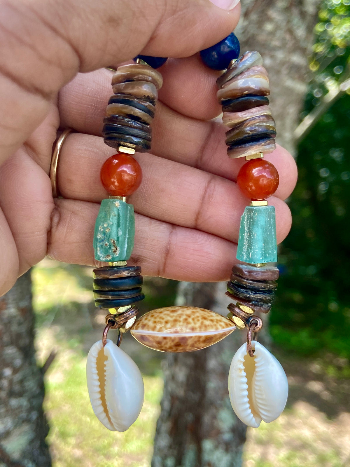 Roman Glass Bracelet • Natural Shell, Gold Triangle Accents, Coastal Jewelry (Copy)