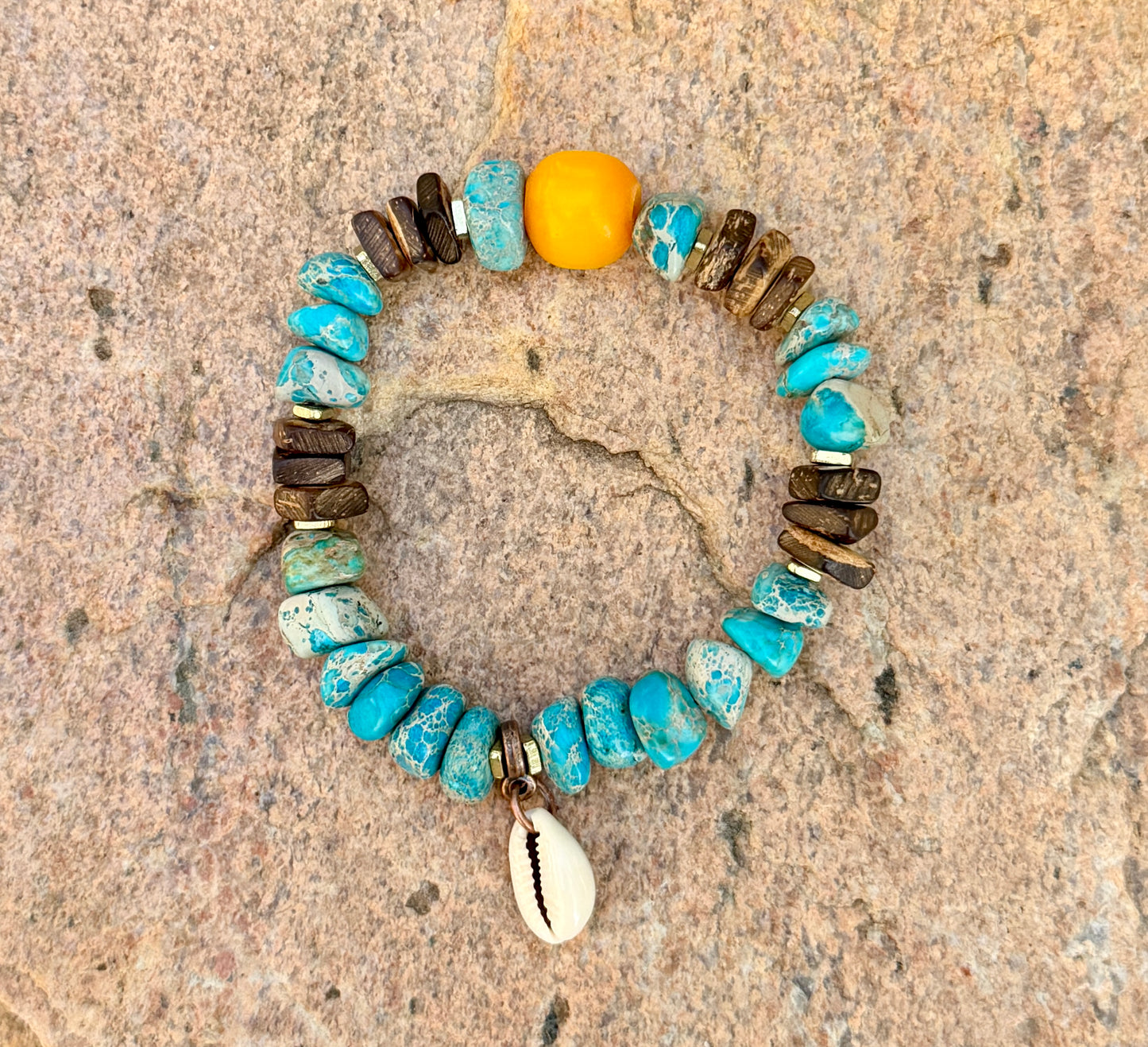 Yellow Kenya Amber Resin Focal– Aqua Sediment Jasper– Coastal Boho Stretch Jewelry