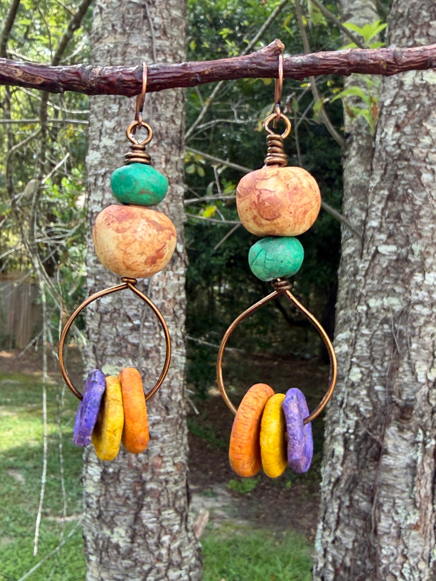 Earthy Rustic Boho Hoop Earrings • Colorful Stoneware Clay Beads • Lightweight Dangle Hoops • Autumn Vibes