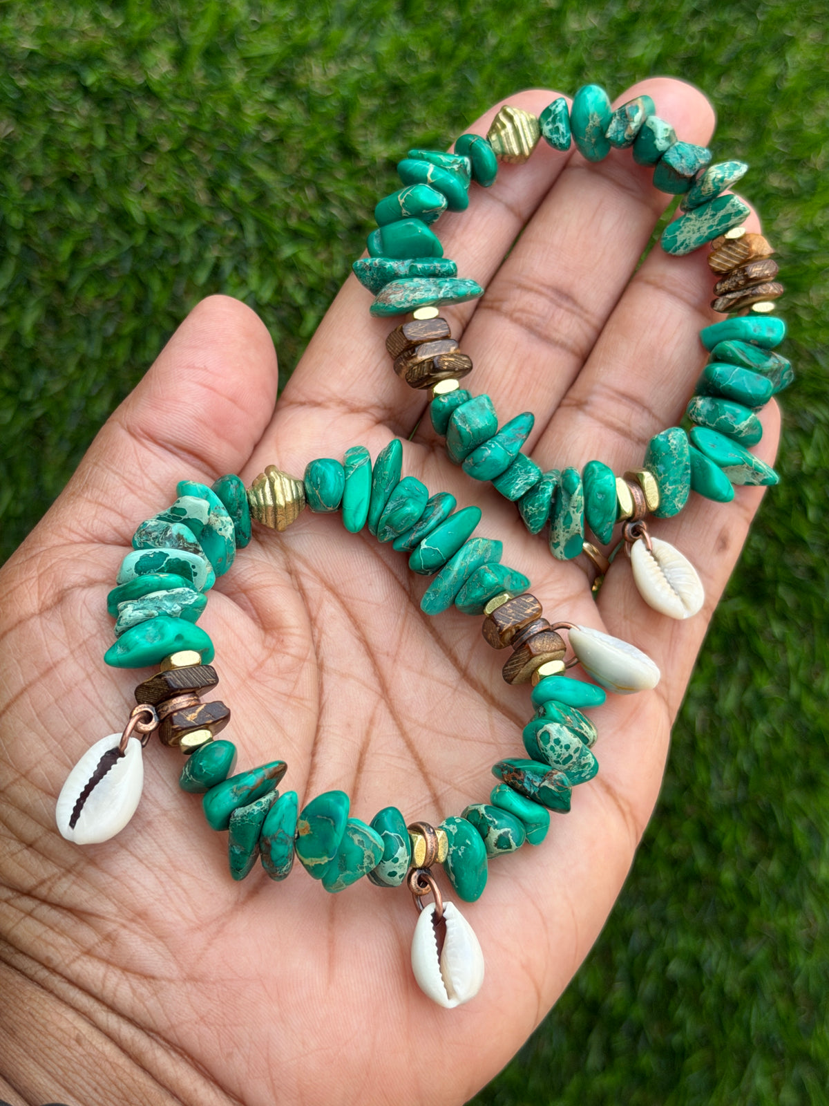 Beachy Green Aqua Sediment Jasper– Cowrie Shell Charm– Coastal Boho Stretch Bracelet
