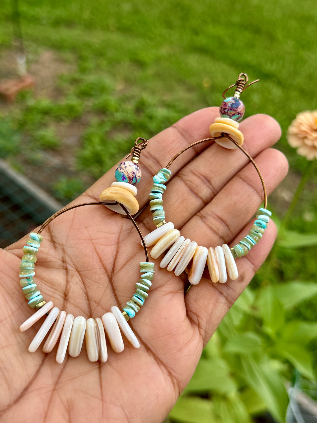 Sea Green Turbo Shell & Honey Shell Hoop Earrings • Natural Mussel Shell • Irregular Heishi • Sediment Jasper • Coastal Fall Vibes