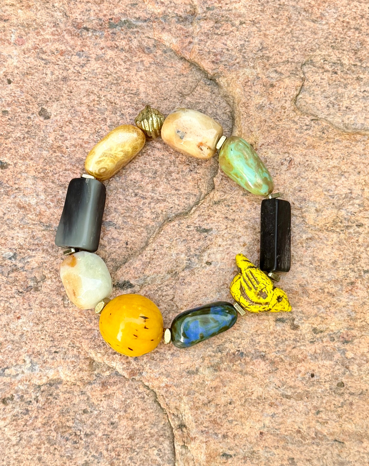 Boho Mixed Media Stretch Bracelet with Yellow Chirp