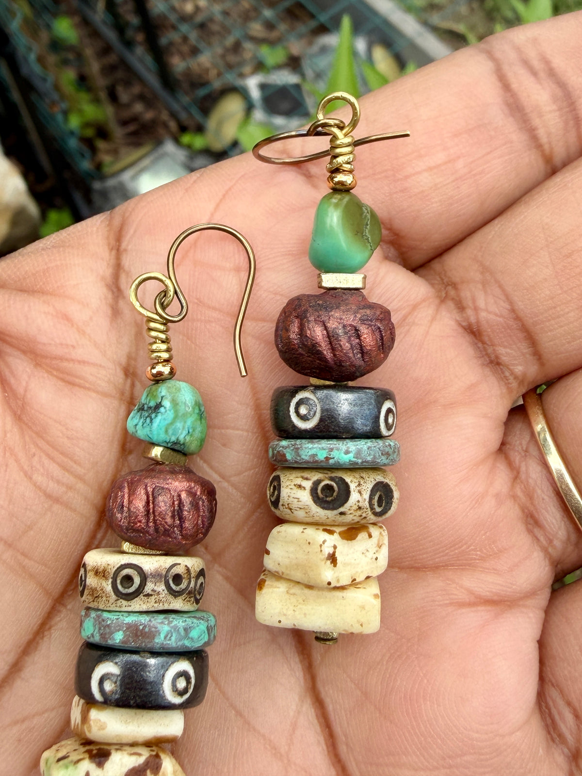 Mixed Media Earrings • Carved Bone, Turquoise Nuggets, Stoneware Clay • Square Bone Beads • Autumn Inspired Nature Lover Jewelry