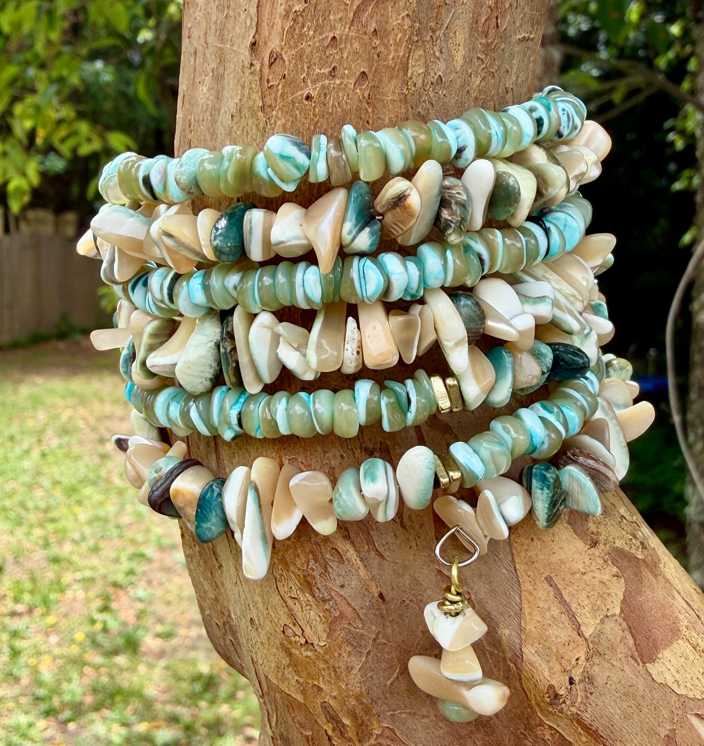 Green Tan Turbo Shell Bangle • Sea Green Heishi Bracelet • Beachy Wrap Jewelry