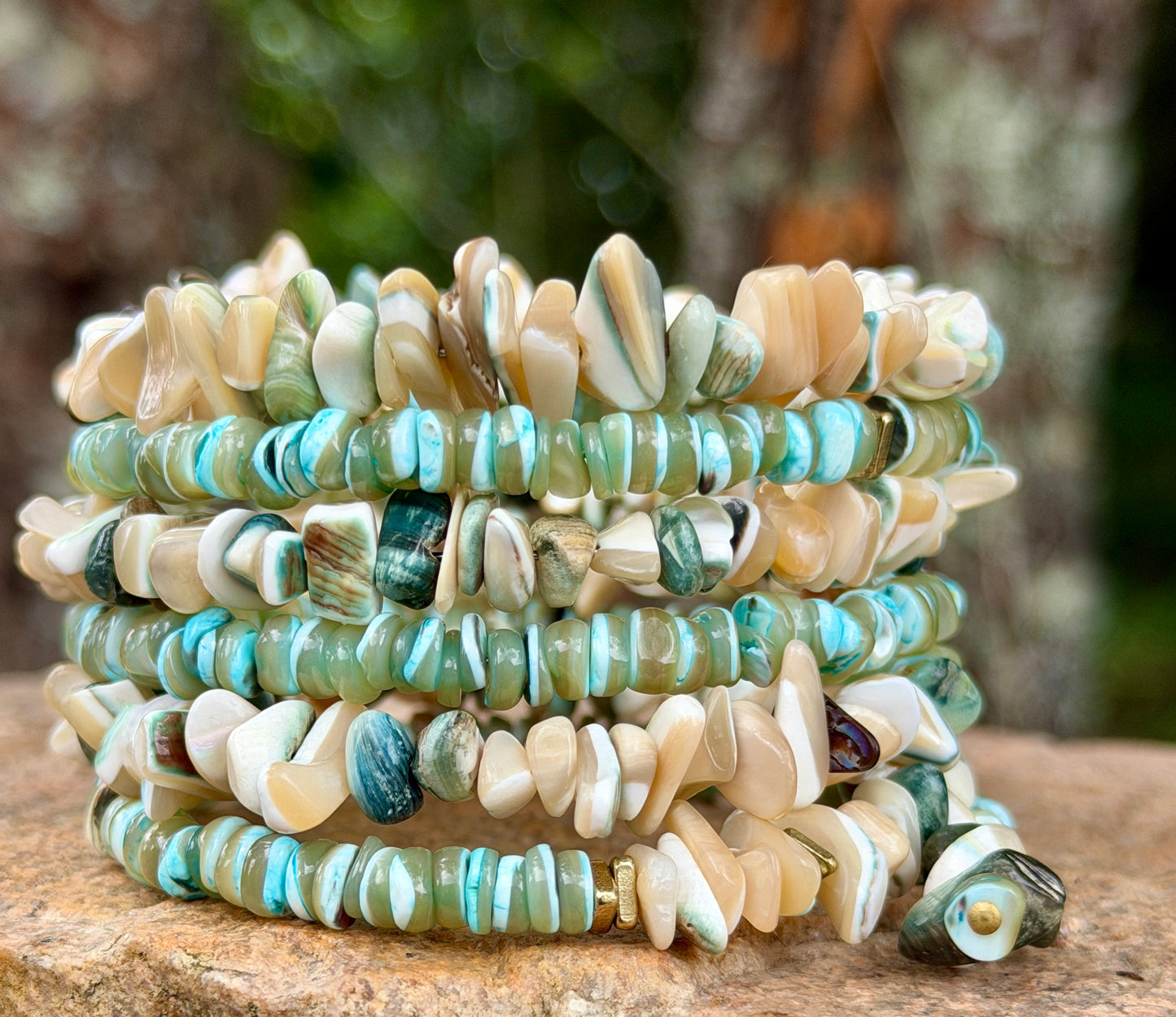 Green Tan Turbo Shell Bangle • Sea Green Heishi Bracelet • Beachy Wrap Jewelry