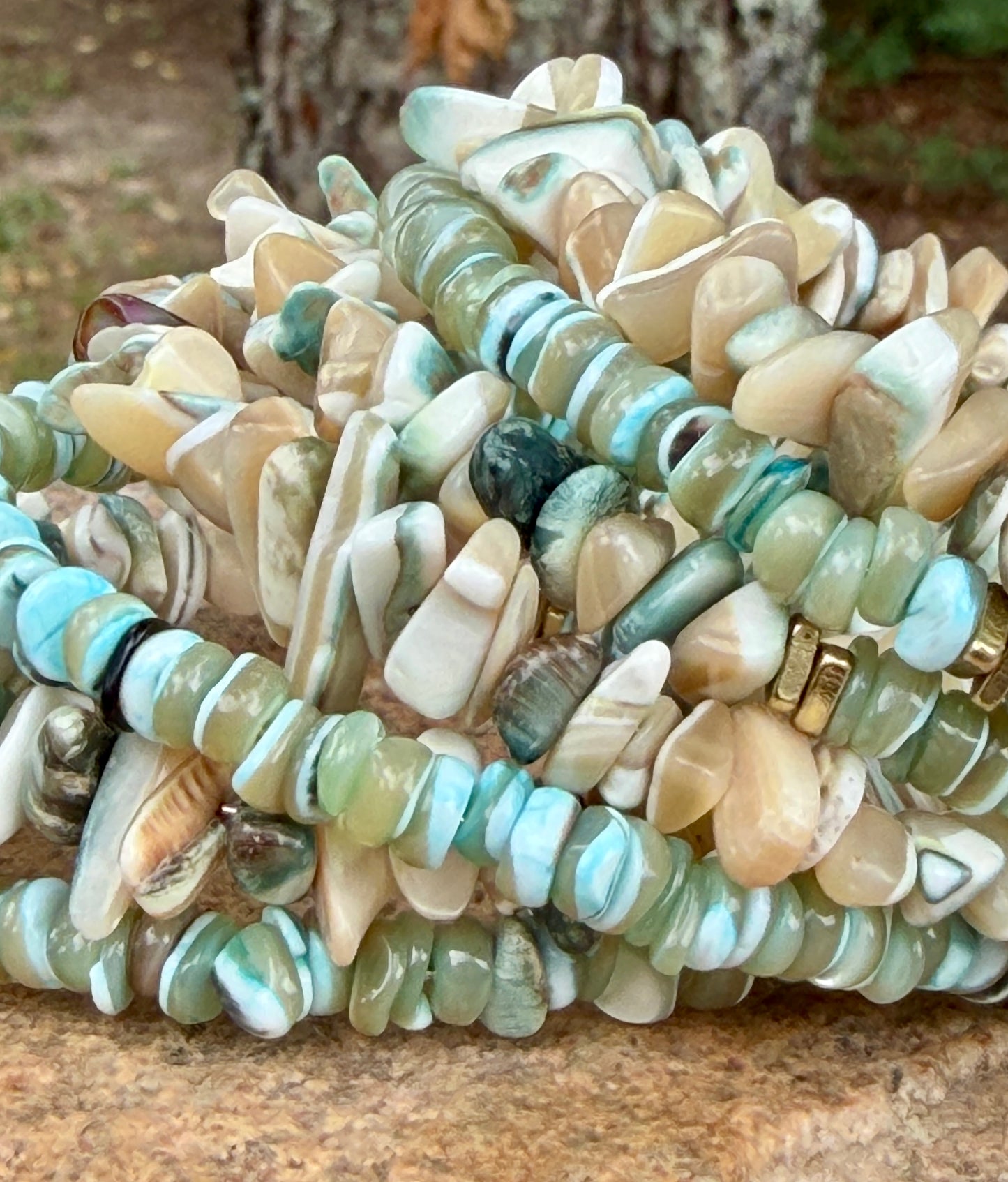 Green Tan Turbo Shell Bangle • Sea Green Heishi Bracelet • Beachy Wrap Jewelry