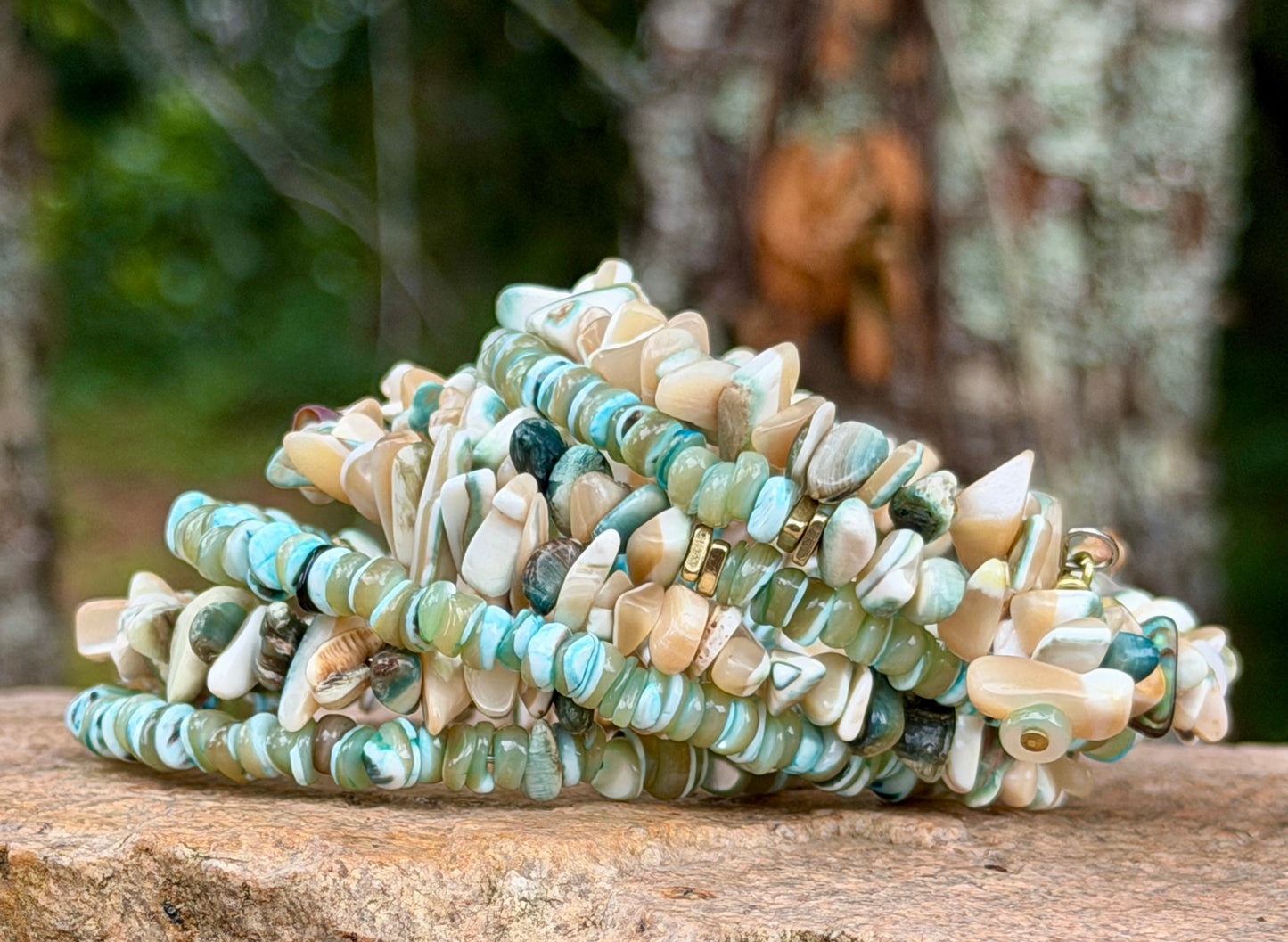 Green Tan Turbo Shell Bangle • Sea Green Heishi Bracelet • Beachy Wrap Jewelry