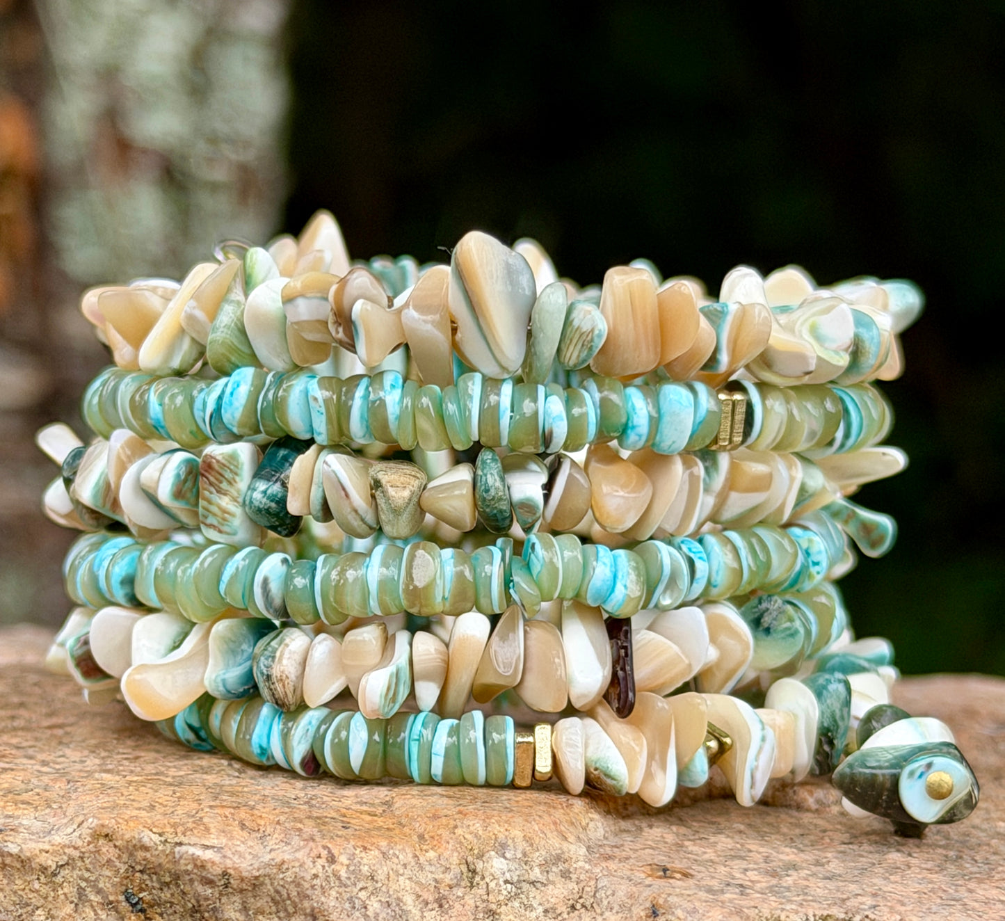 Green Tan Turbo Shell Bangle • Sea Green Heishi Bracelet • Beachy Wrap Jewelry