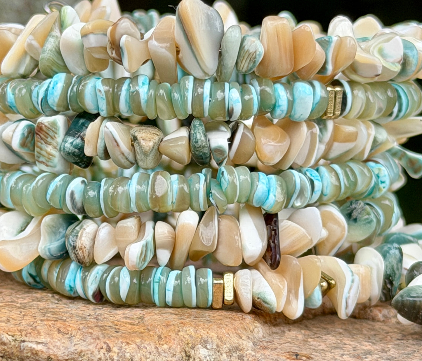 Green Tan Turbo Shell Bangle • Sea Green Heishi Bracelet • Beachy Wrap Jewelry