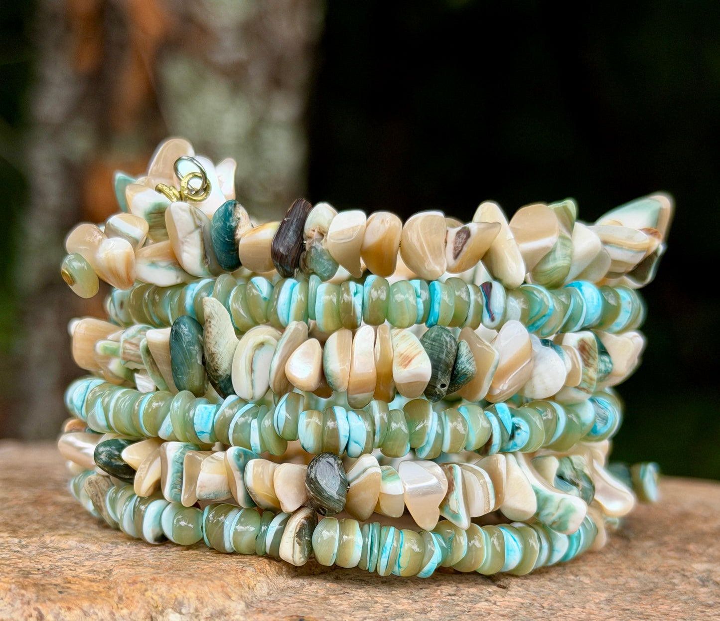 Green Tan Turbo Shell Bangle • Sea Green Heishi Bracelet • Beachy Wrap Jewelry