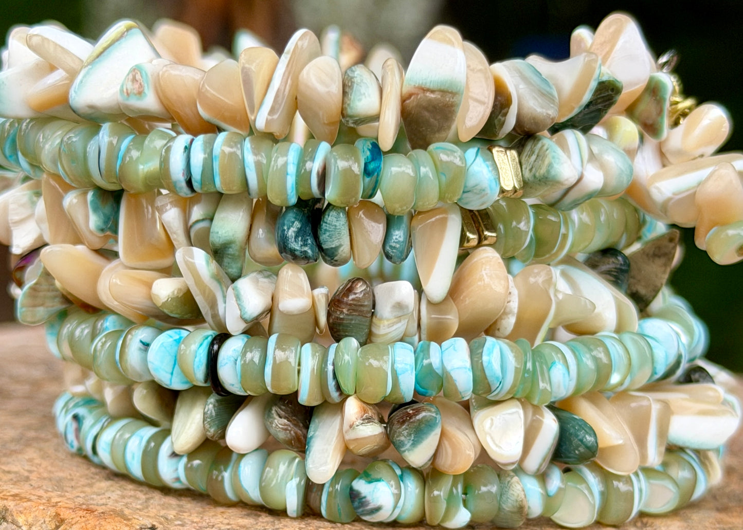 Green Tan Turbo Shell Bangle • Sea Green Heishi Bracelet • Beachy Wrap Jewelry