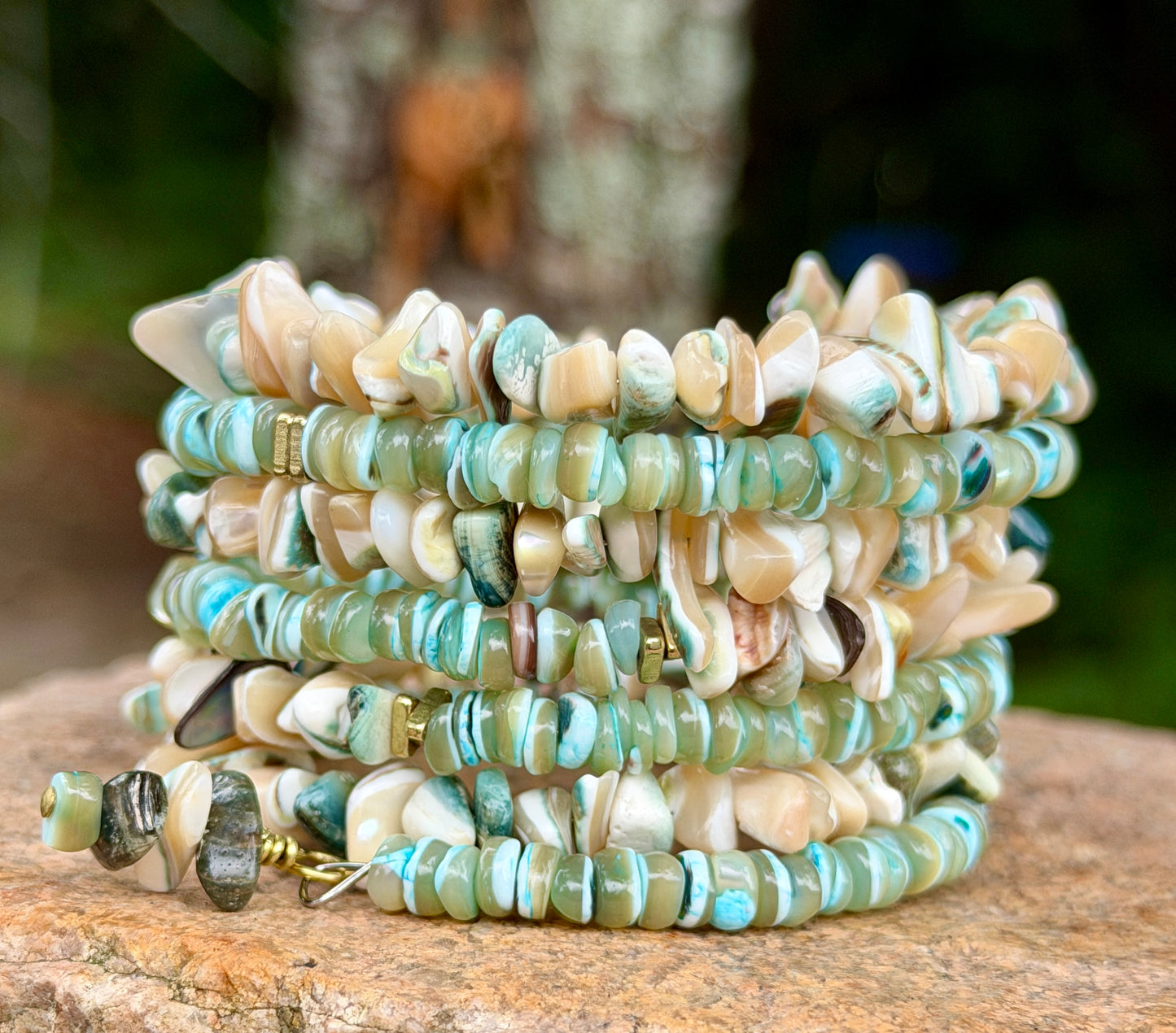 Green Tan Turbo Shell Bangle • Sea Green Heishi Bracelet • Beachy Wrap Jewelry
