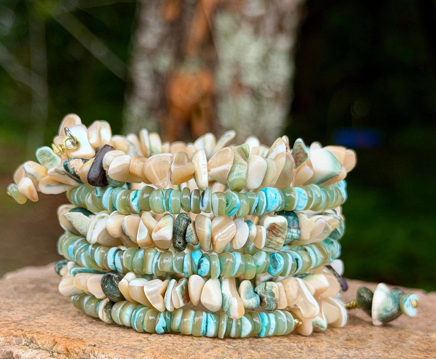 Green Tan Turbo Shell Bangle • Sea Green Heishi Bracelet • Beachy Wrap Jewelry