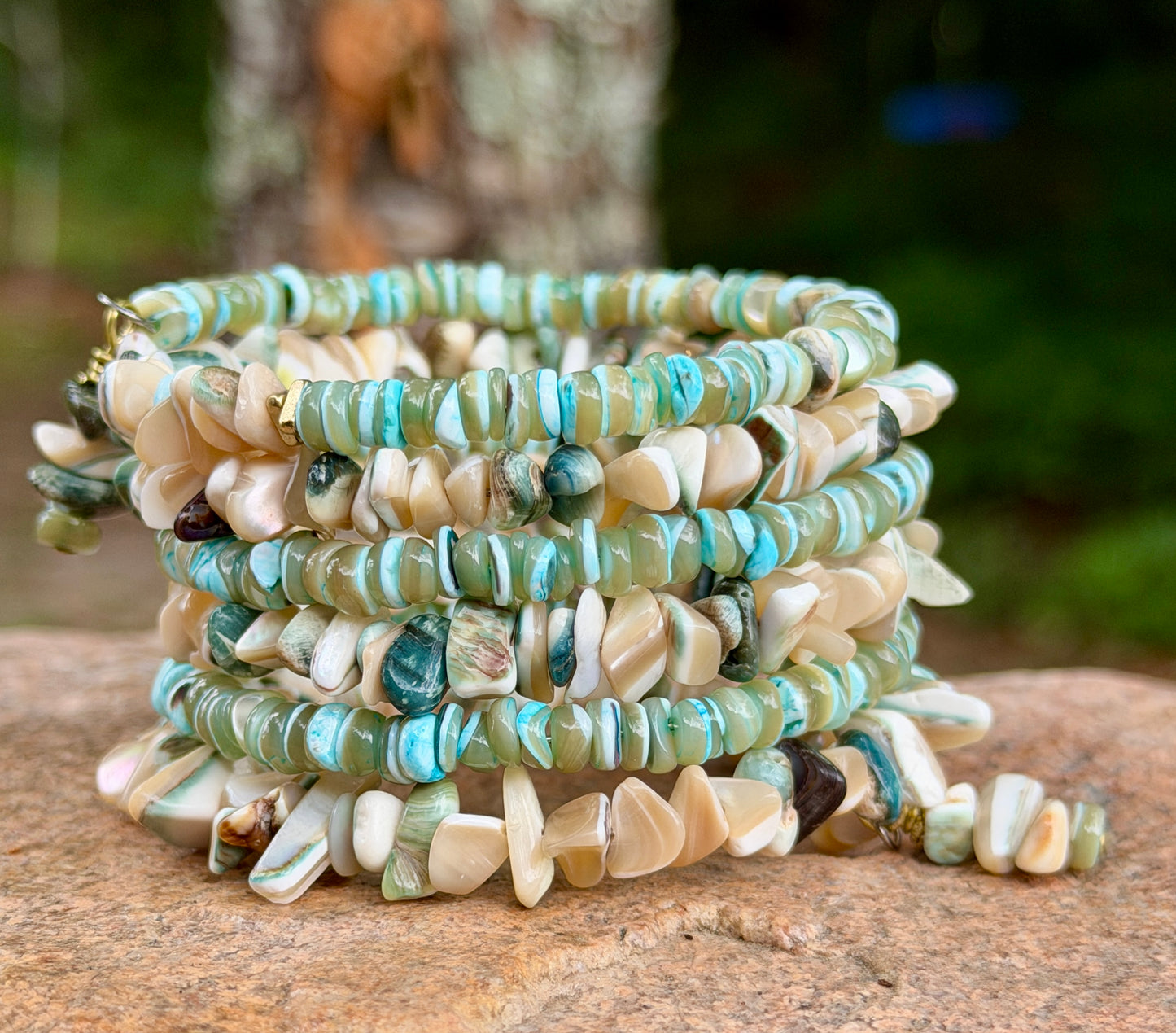 Green Tan Turbo Shell Bangle • Sea Green Heishi Bracelet • Beachy Wrap Jewelry