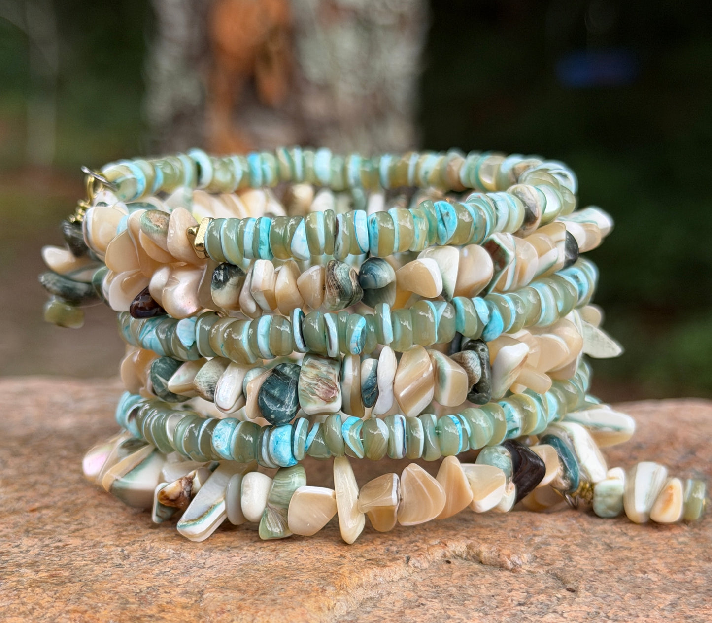 Green Tan Turbo Shell Bangle • Sea Green Heishi Bracelet • Beachy Wrap Jewelry