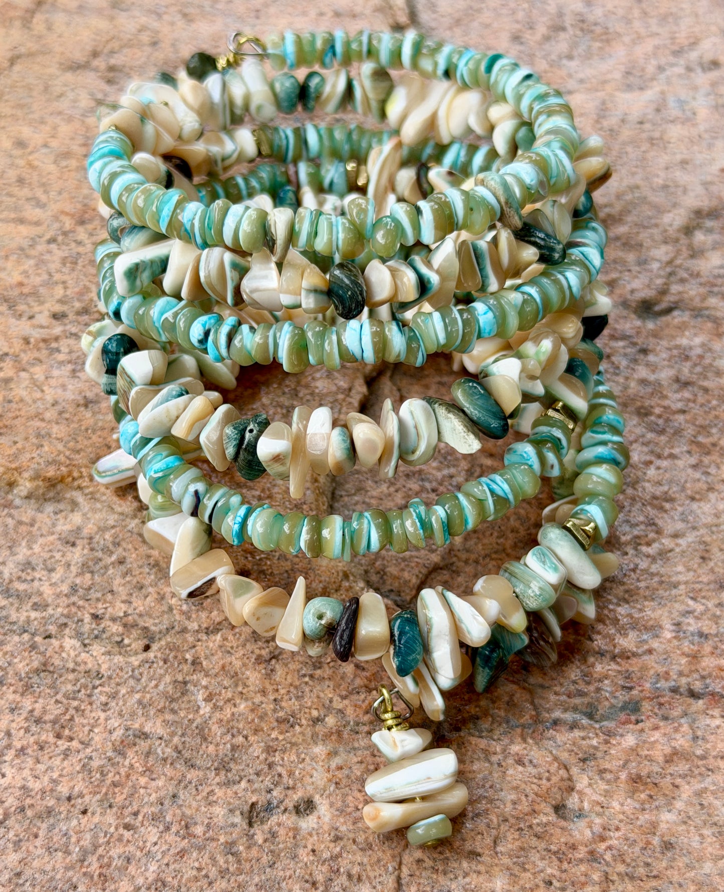 Green Tan Turbo Shell Bangle • Sea Green Heishi Bracelet • Beachy Wrap Jewelry