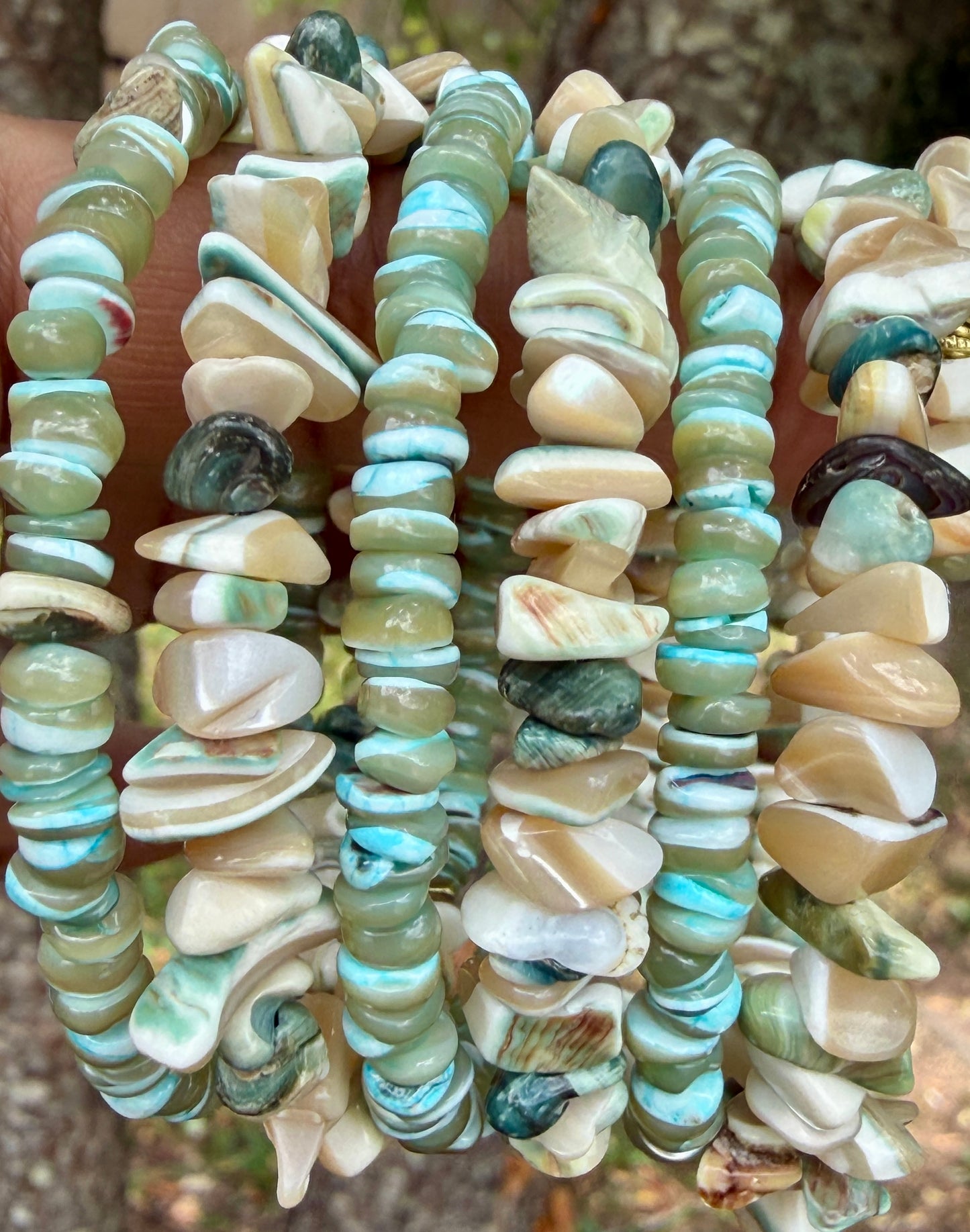 Green Tan Turbo Shell Bangle • Sea Green Heishi Bracelet • Beachy Wrap Jewelry
