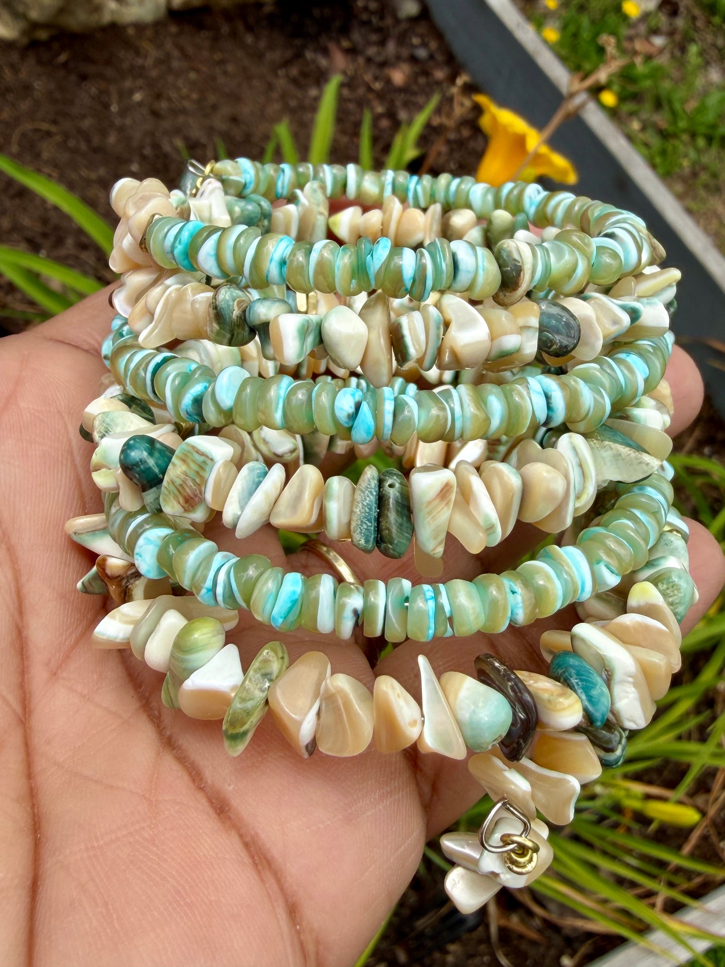 Green Tan Turbo Shell Bangle • Sea Green Heishi Bracelet • Beachy Wrap Jewelry