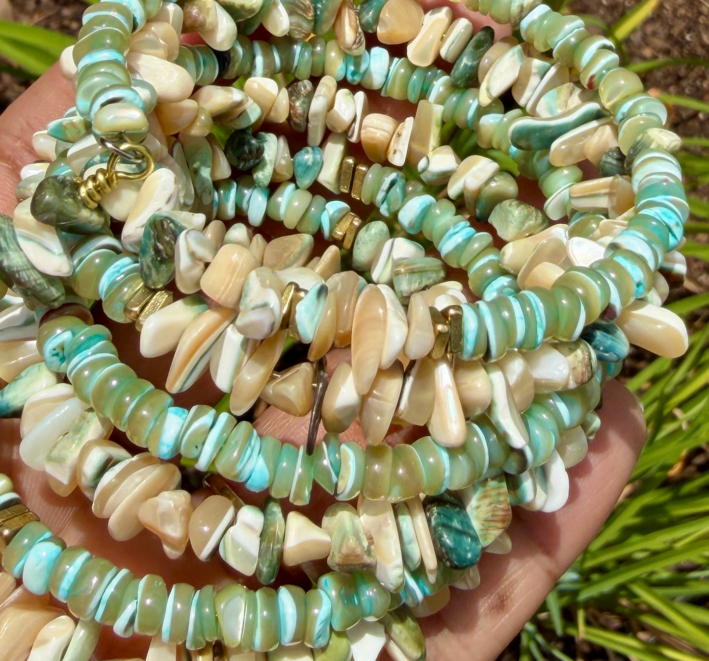 Green Tan Turbo Shell Bangle • Sea Green Heishi Bracelet • Beachy Wrap Jewelry