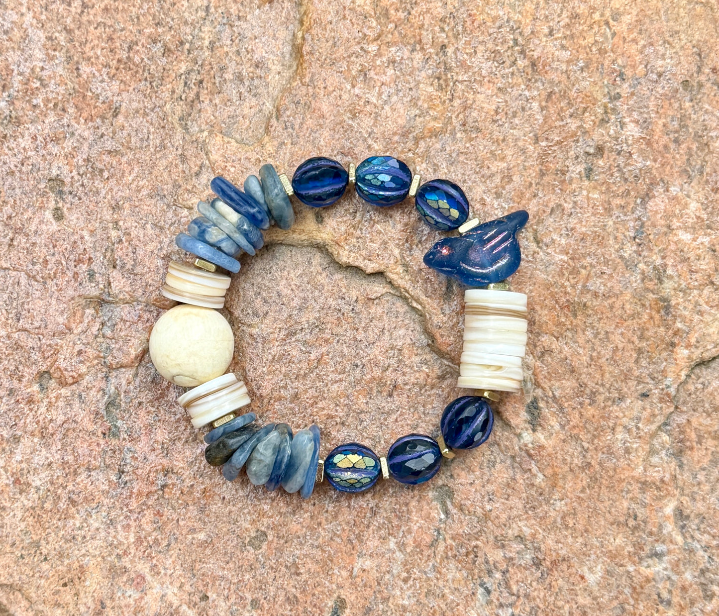 Mystic Bluebird Chirp Bracelet with Natural Shell, Vintage Naga Shell & Kyanite Chips
