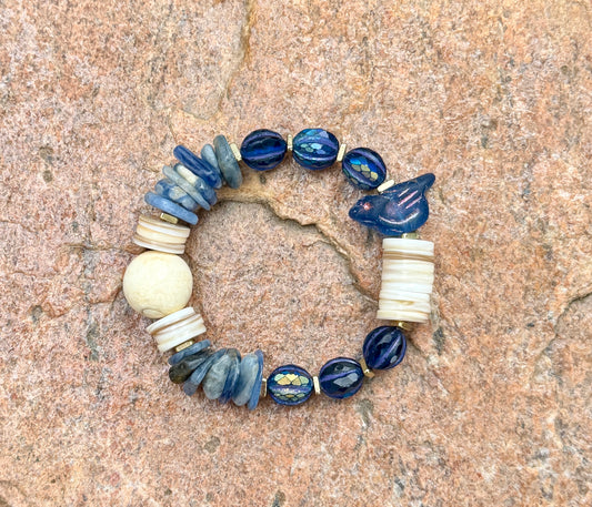 Mystic Bluebird Chirp Bracelet with Natural Shell, Vintage Naga Shell & Kyanite Chips