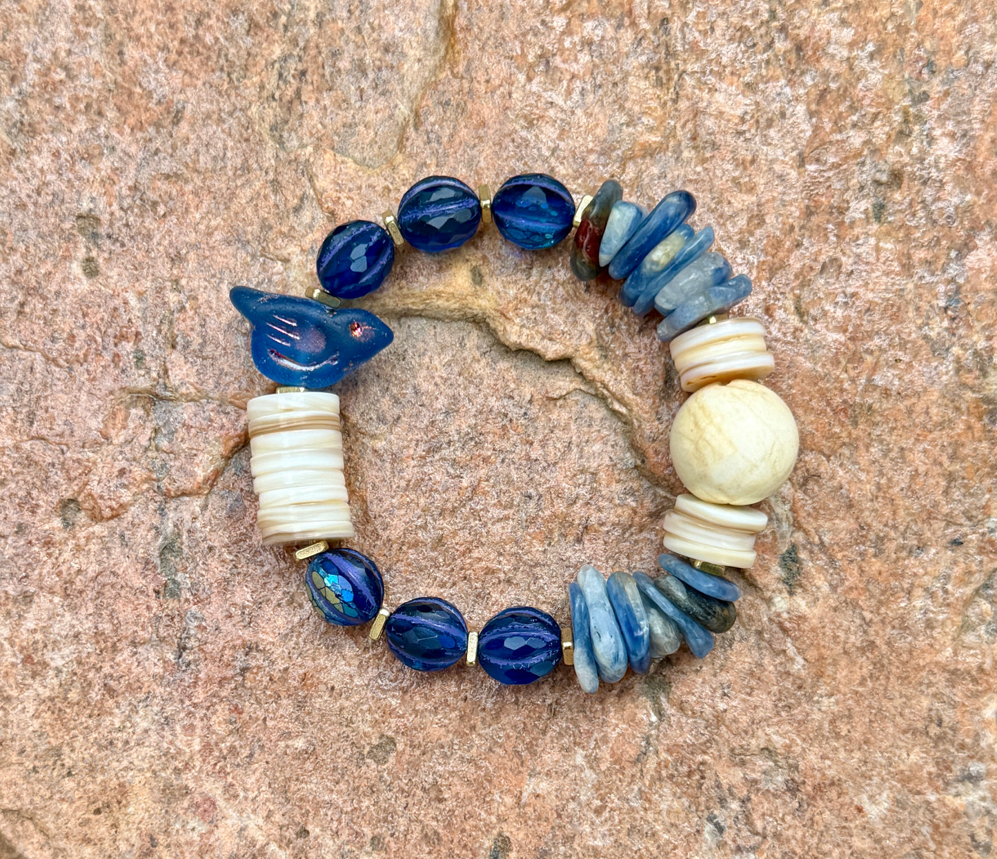 Mystic Bluebird Chirp Bracelet with Natural Shell, Vintage Naga Shell & Kyanite Chips