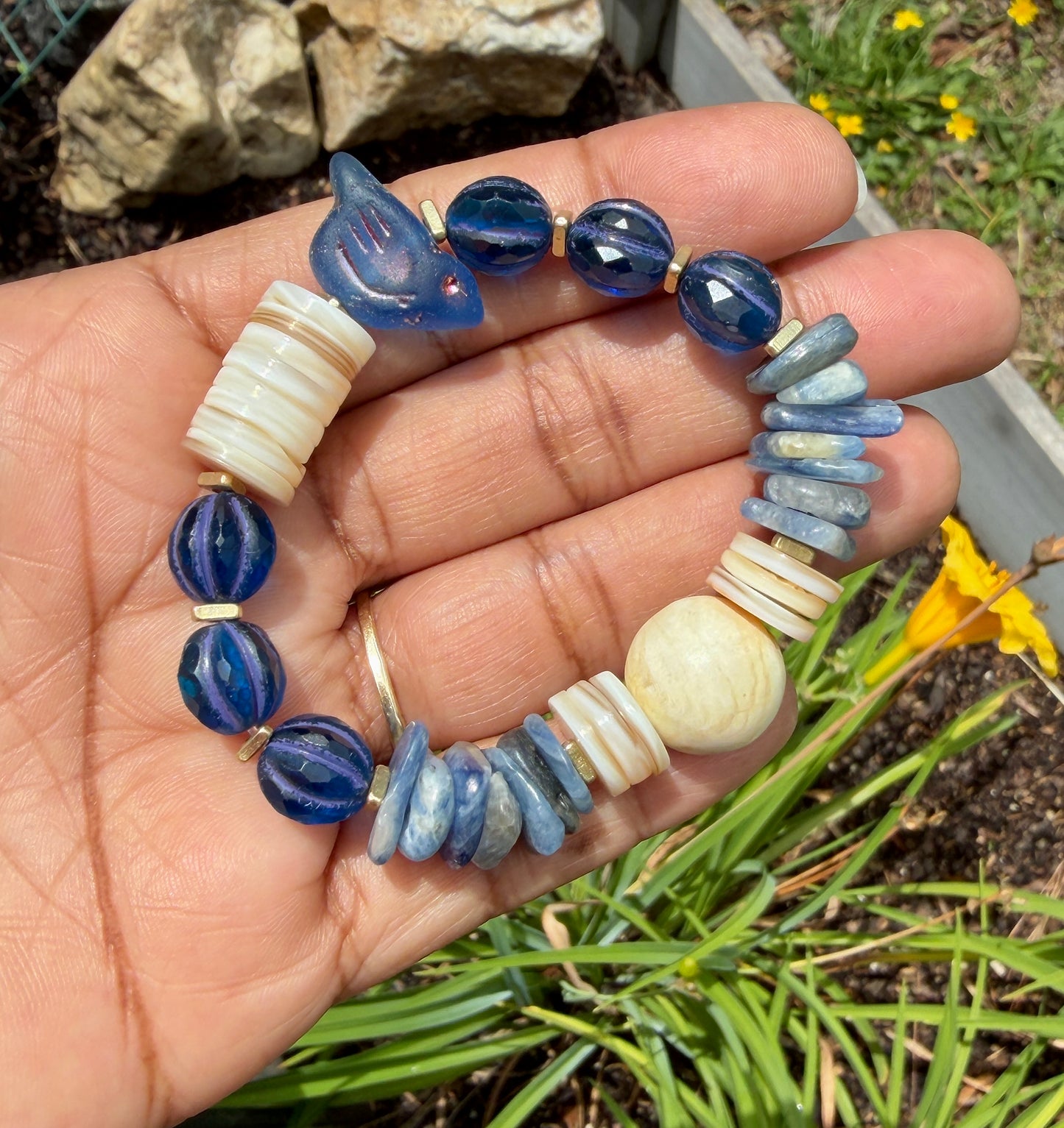 Mystic Bluebird Chirp Bracelet with Natural Shell, Vintage Naga Shell & Kyanite Chips
