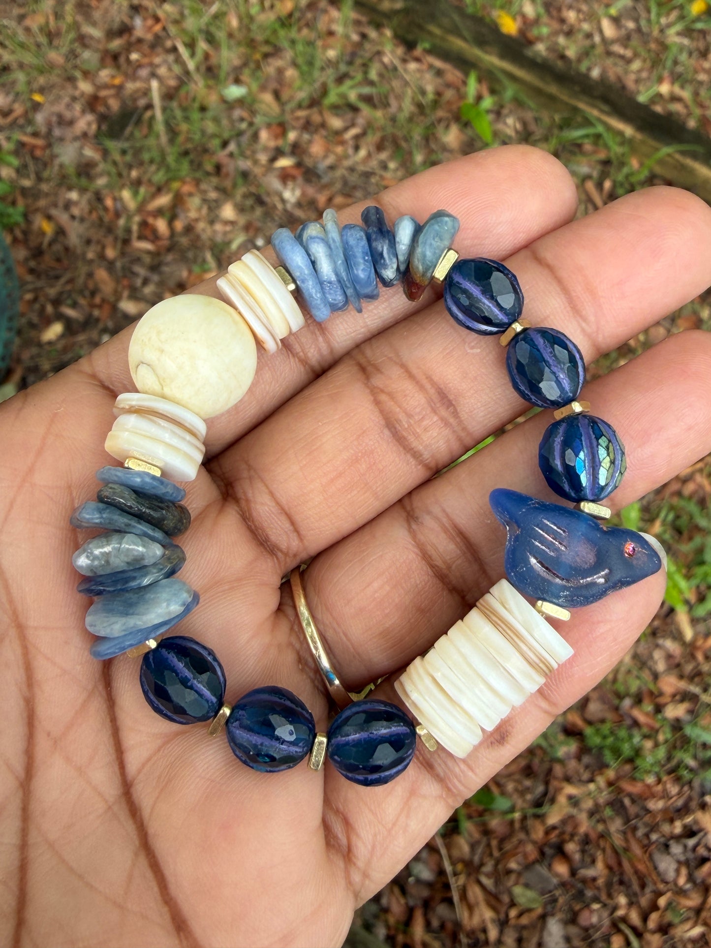 Mystic Bluebird Chirp Bracelet with Natural Shell, Vintage Naga Shell & Kyanite Chips
