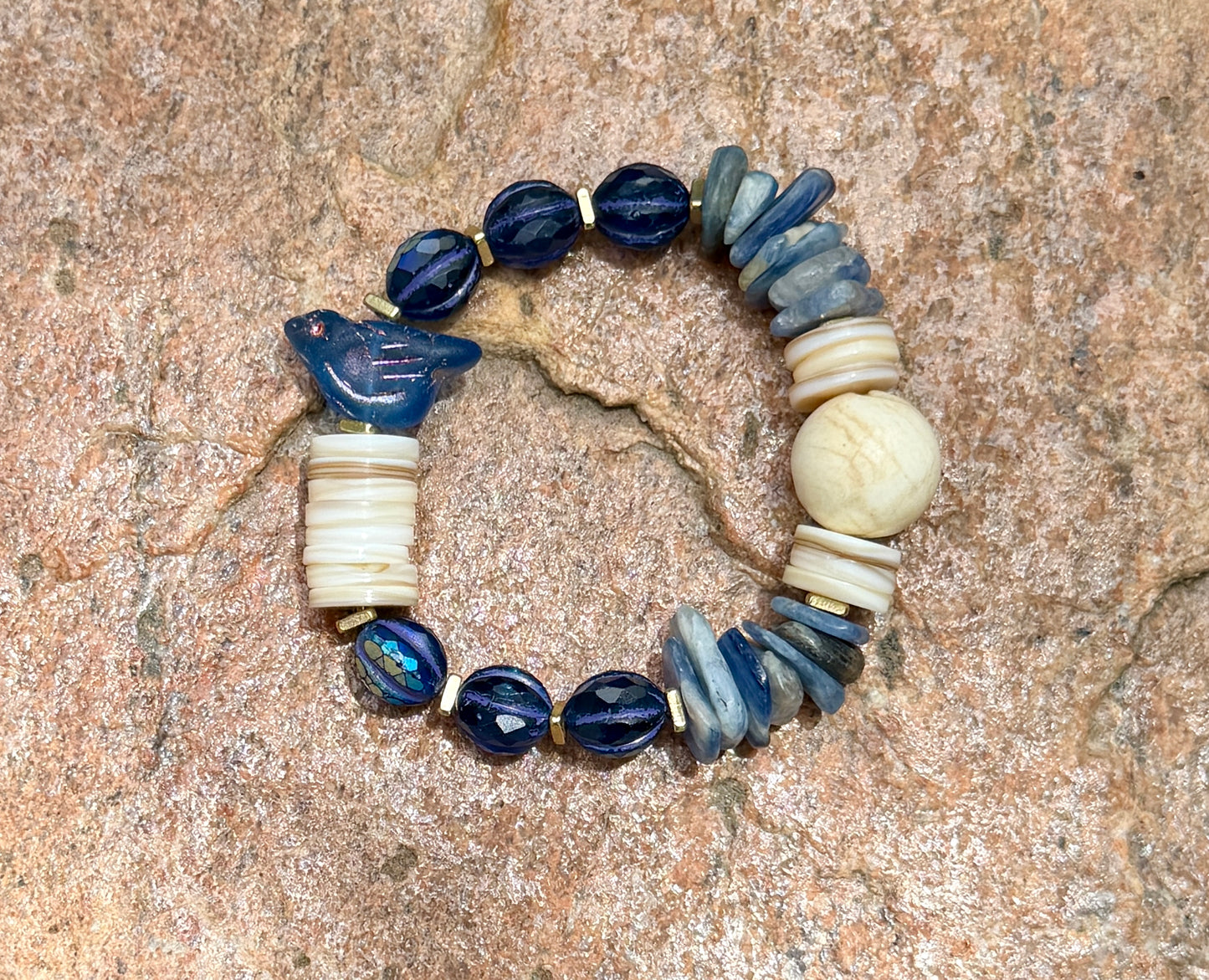 Mystic Bluebird Chirp Bracelet with Natural Shell, Vintage Naga Shell & Kyanite Chips