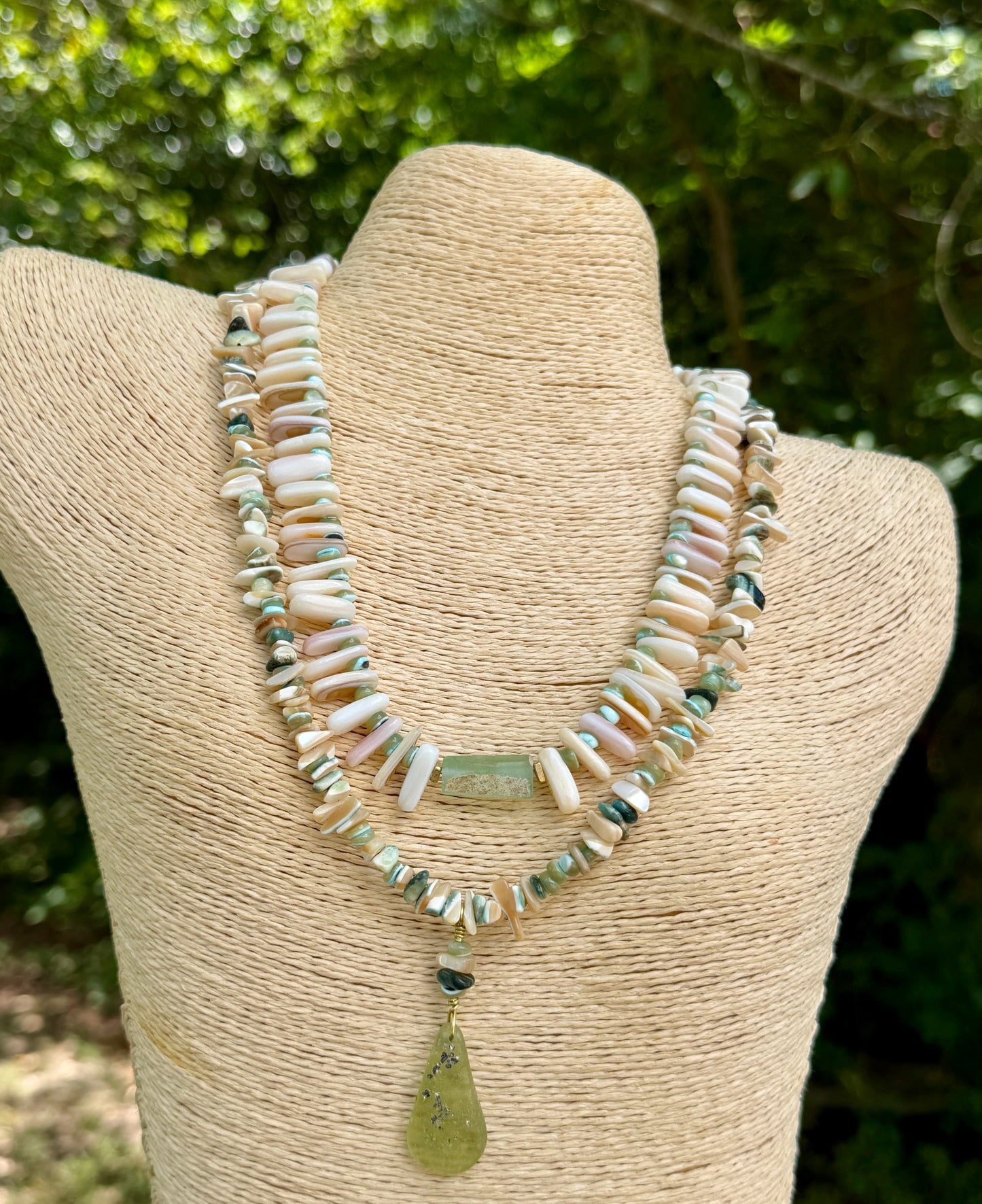 Green Tan Turbo Shell Necklace• Sea Green Heishi and Roman Glass Pendant