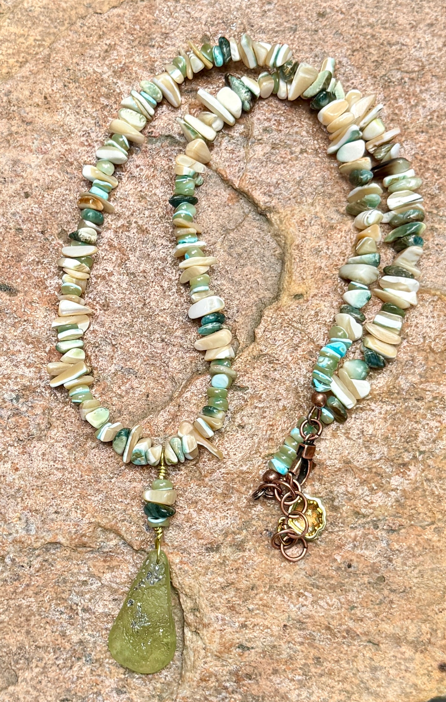 Green Tan Turbo Shell Necklace• Sea Green Heishi and Roman Glass Pendant