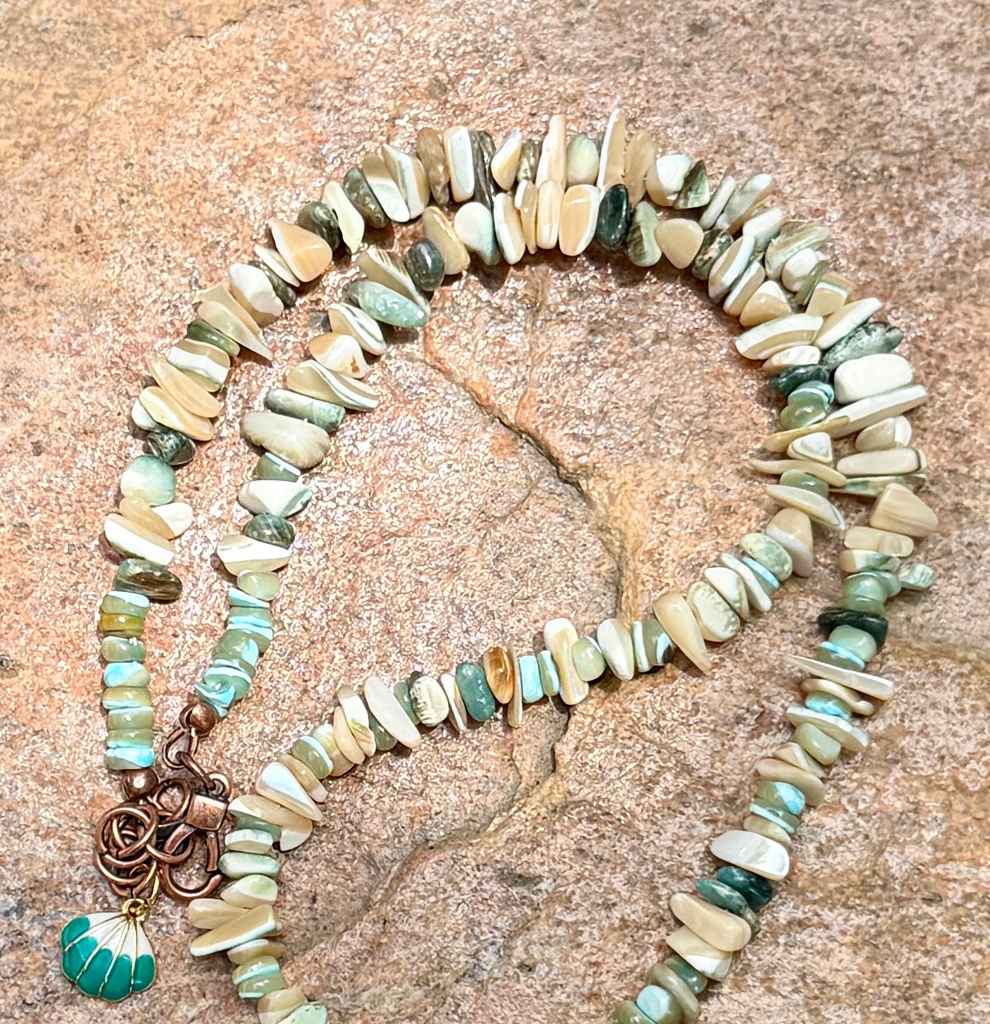 Green Tan Turbo Shell Necklace• Sea Green Heishi and Roman Glass Pendant