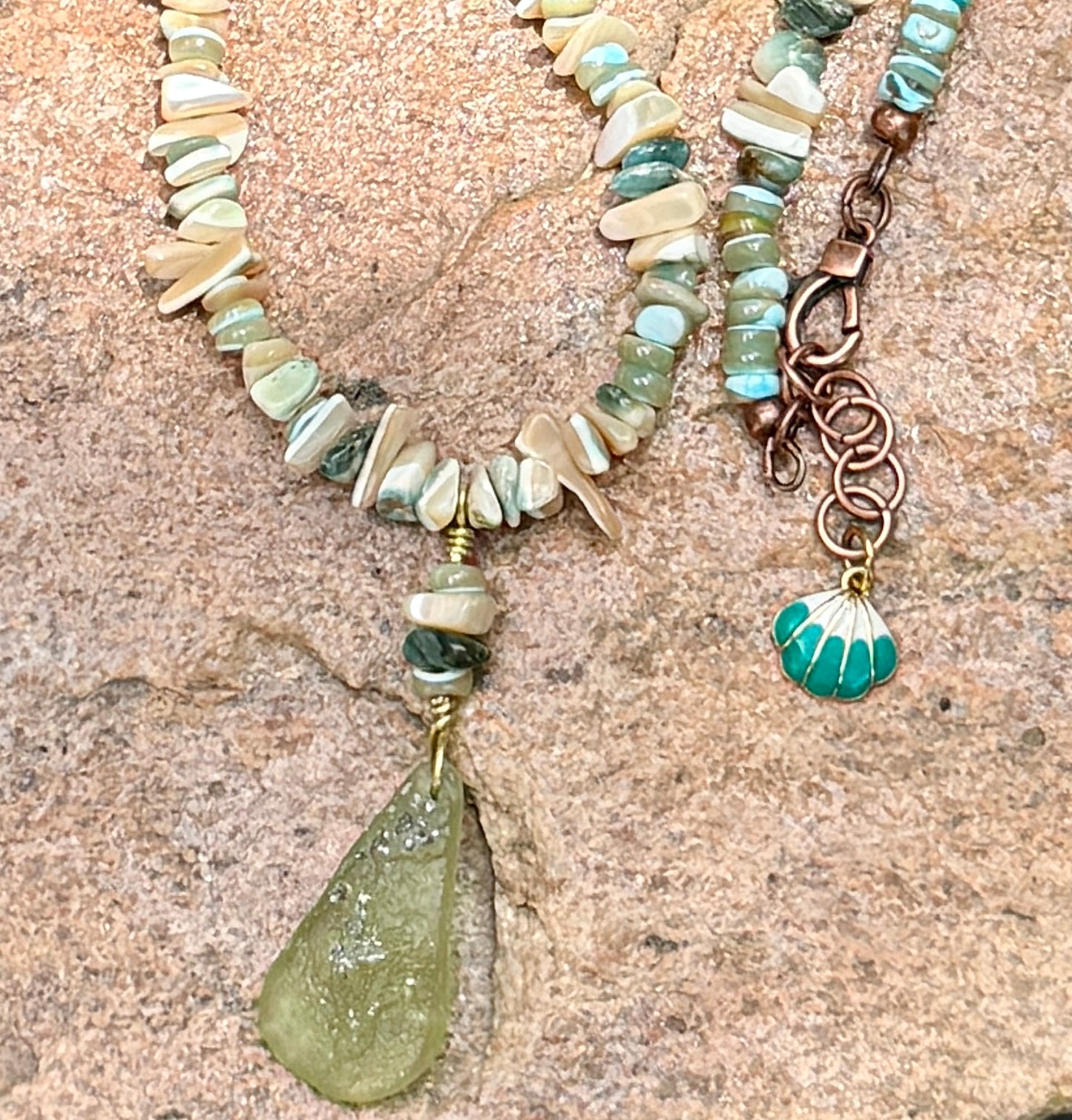 Green Tan Turbo Shell Necklace• Sea Green Heishi and Roman Glass Pendant