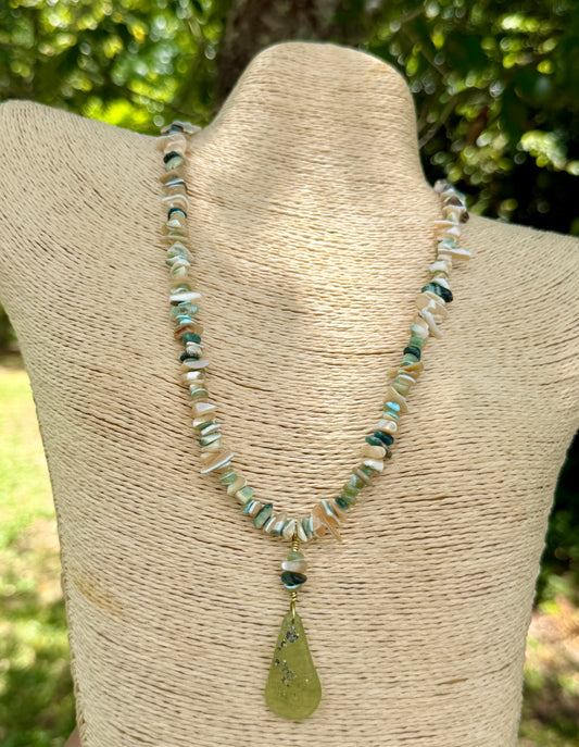 Green Tan Turbo Shell Necklace• Sea Green Heishi and Roman Glass Pendant