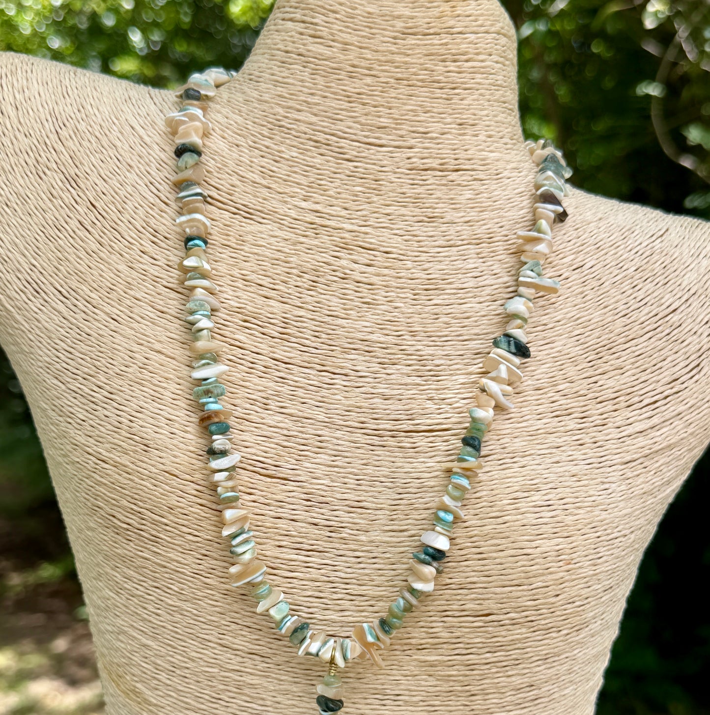 Green Tan Turbo Shell Necklace• Sea Green Heishi and Roman Glass Pendant