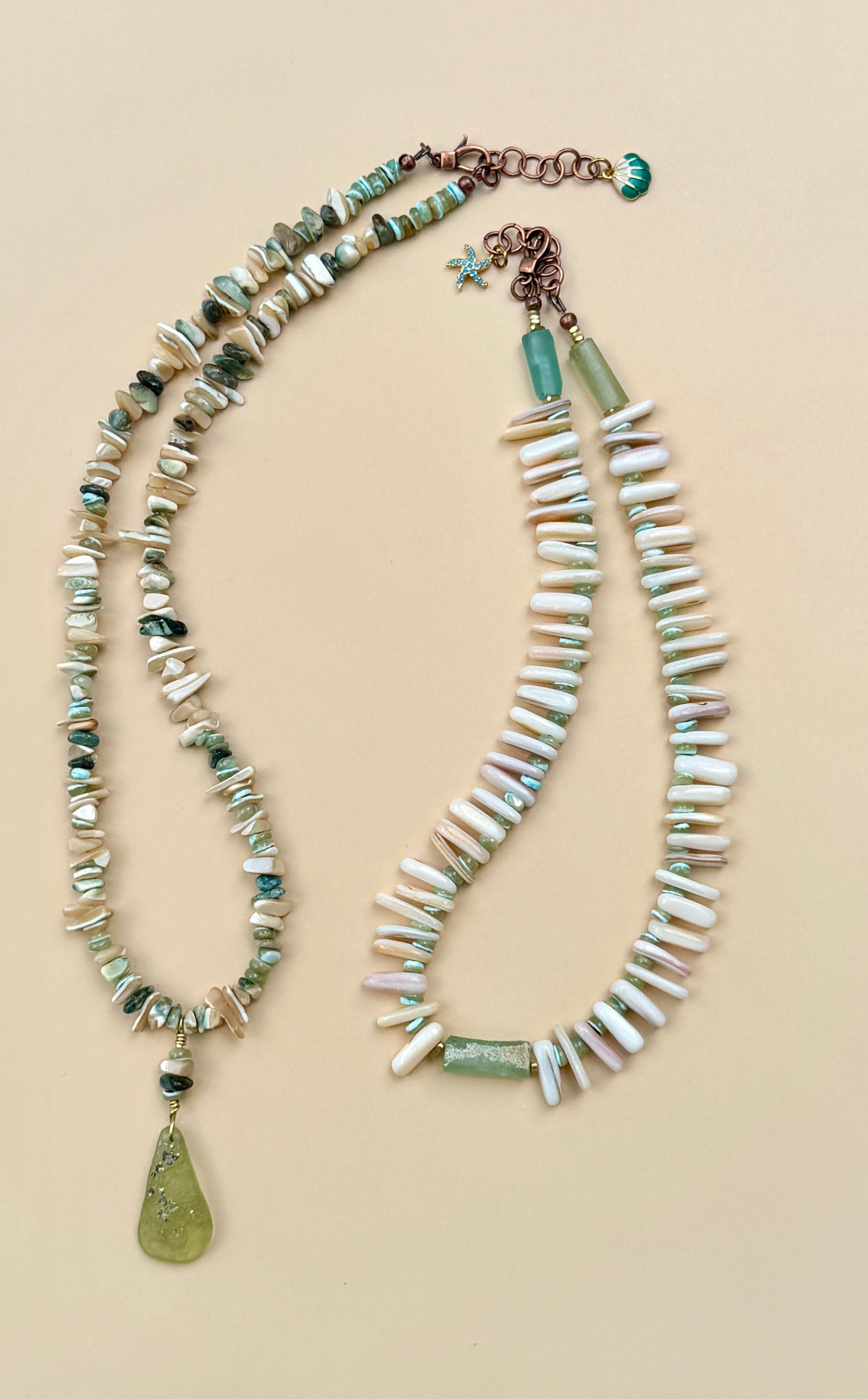 Green Tan Turbo Shell Necklace• Sea Green Heishi and Roman Glass Pendant