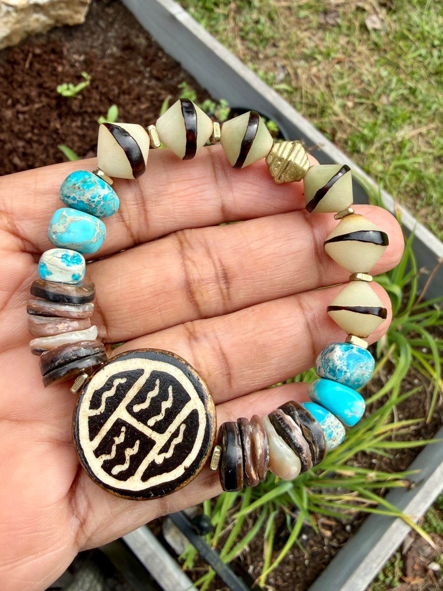 Earthy Shell, Bone & Aqua Jasper Bracelet with Brass Accents | Natural Boho Beaded Bracelet