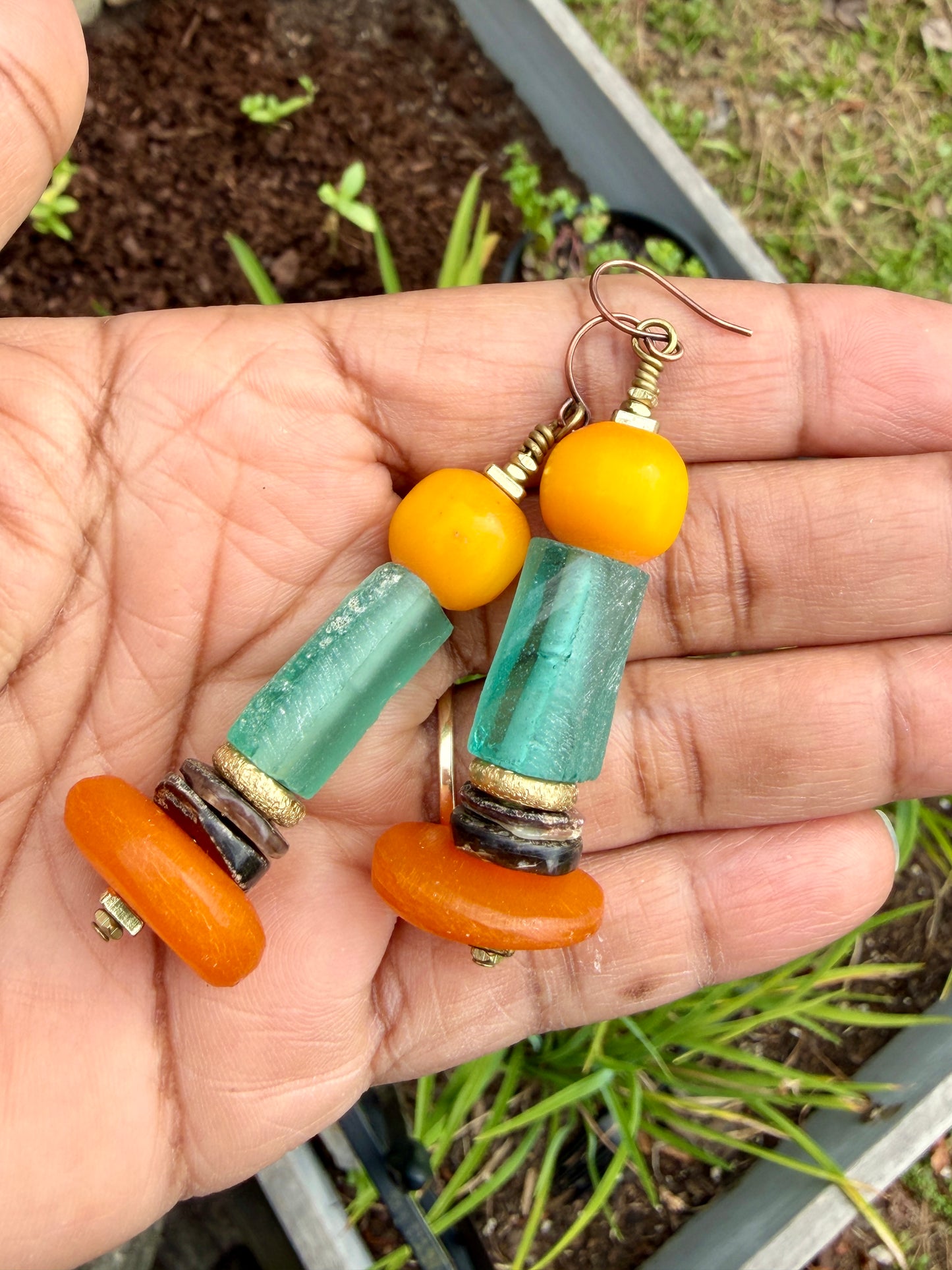 Costal and Beachy Boho Earrings • Moroccan Horn and Yellow Amber Resin • Roman Glass •