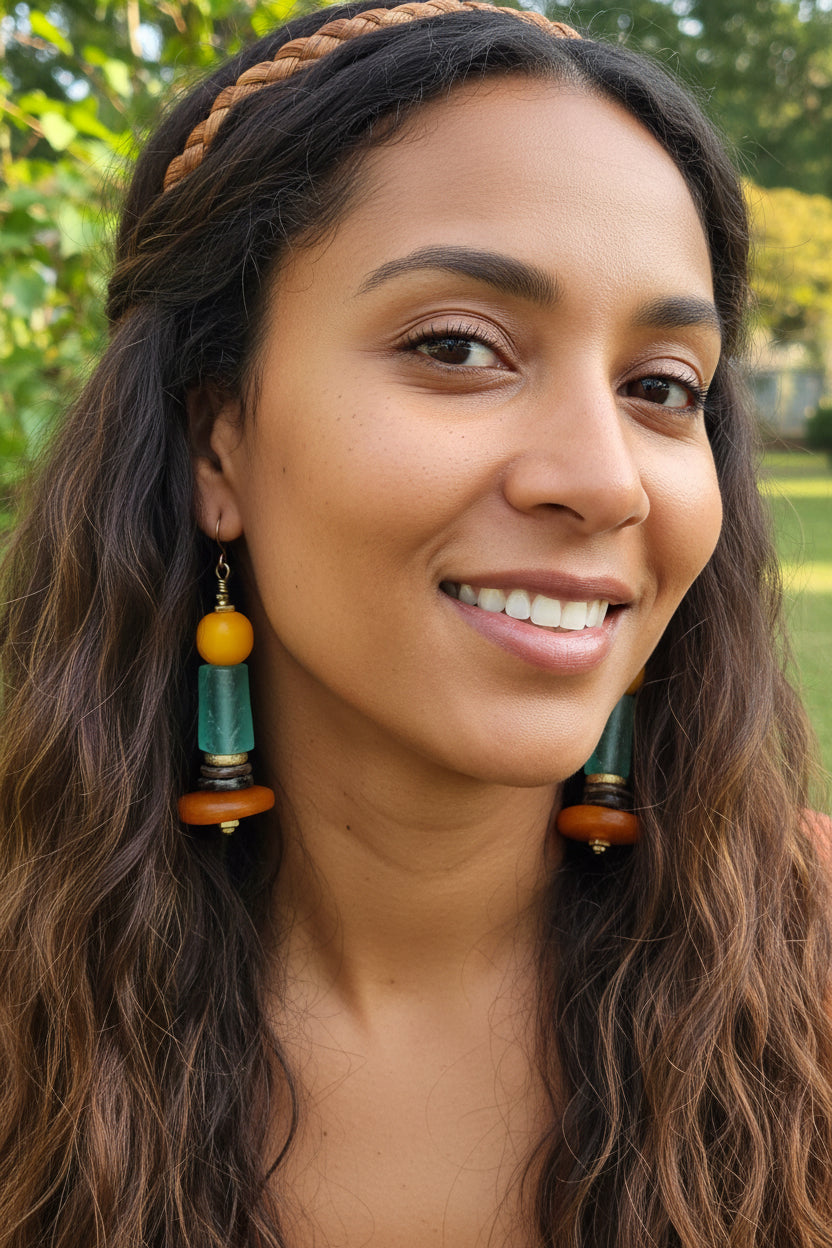 Costal and Beachy Boho Earrings • Moroccan Horn and Yellow Amber Resin • Roman Glass •