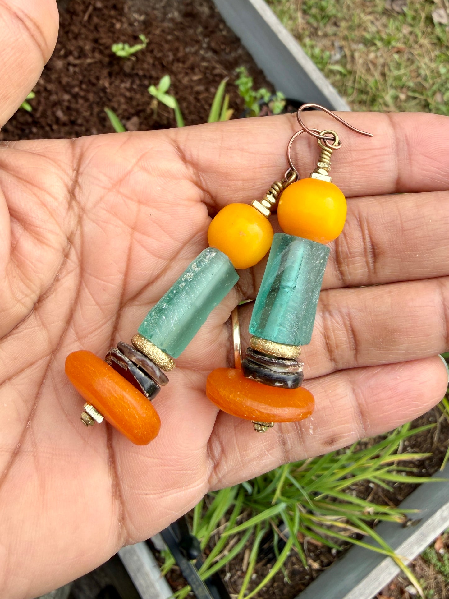 Costal and Beachy Boho Earrings • Moroccan Horn and Yellow Amber Resin • Roman Glass •