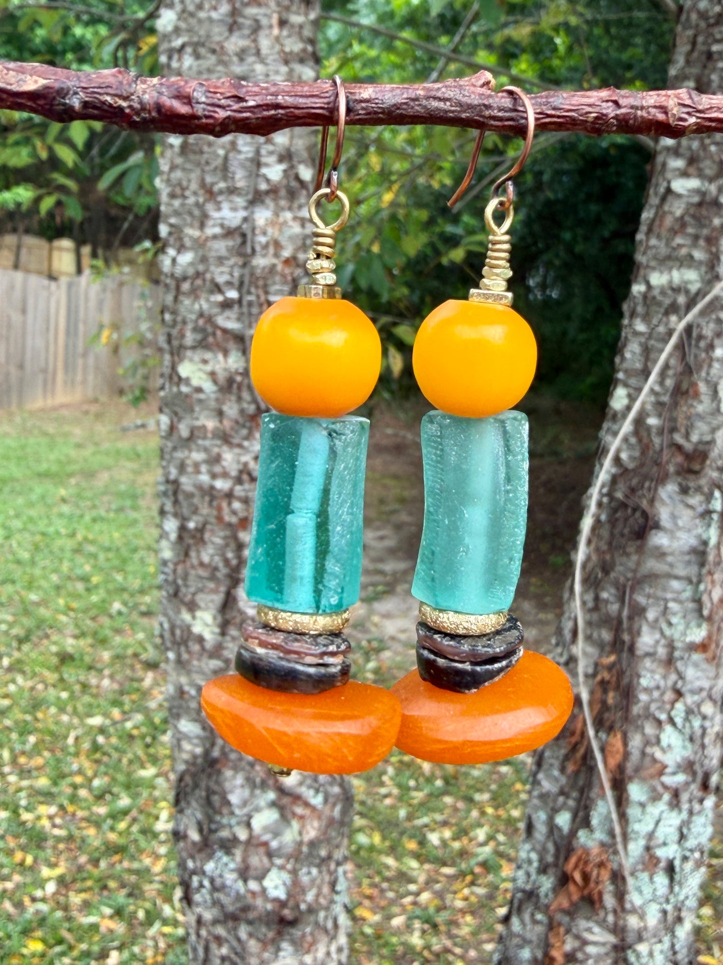 Costal and Beachy Boho Earrings • Moroccan Horn and Yellow Amber Resin • Roman Glass •