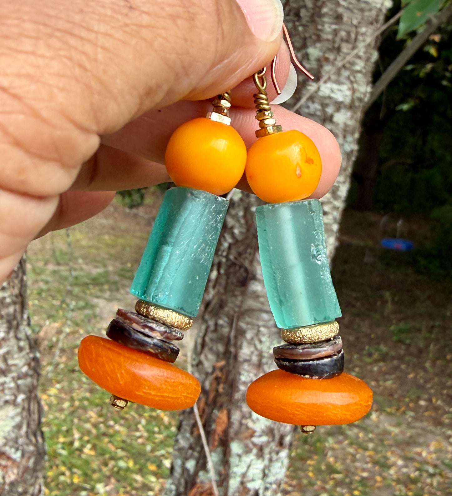 Costal and Beachy Boho Earrings • Moroccan Horn and Yellow Amber Resin • Roman Glass •